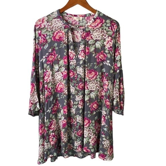 Umgee Floral Key Hole 3/4 Bell Sleeve Flowy Mini Swing Dress Trapeze Cut Guaze - Picture 8 of 16